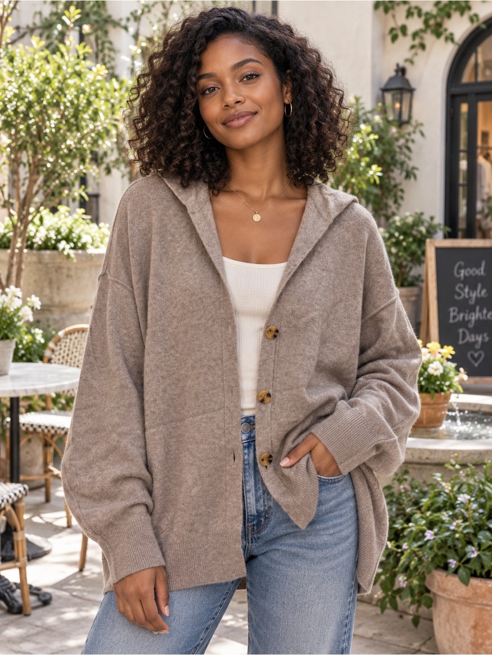 Free People Taupe Hooded Button-Up Cardigan